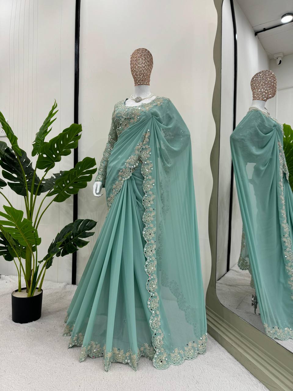 Pista Color Faux Georgette With Real Mirror Work Saree
