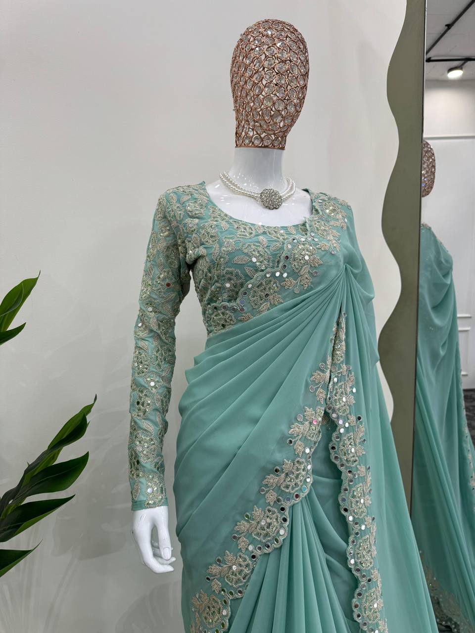 Pista Color Faux Georgette With Real Mirror Work Saree