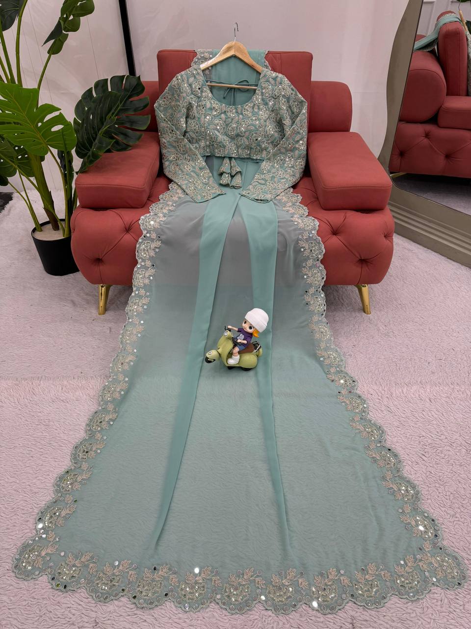 Pista Color Faux Georgette With Real Mirror Work Saree