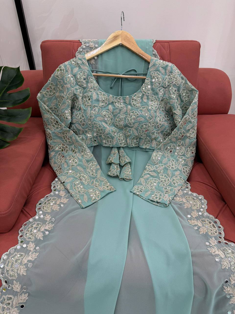 Pista Color Faux Georgette With Real Mirror Work Saree