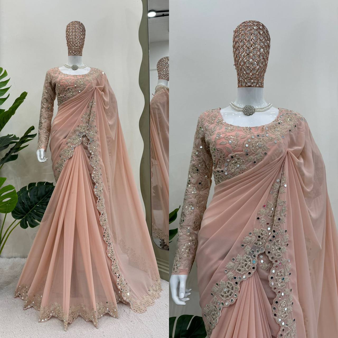 Baby Pink Color Faux Georgette With Real Mirror Work Saree