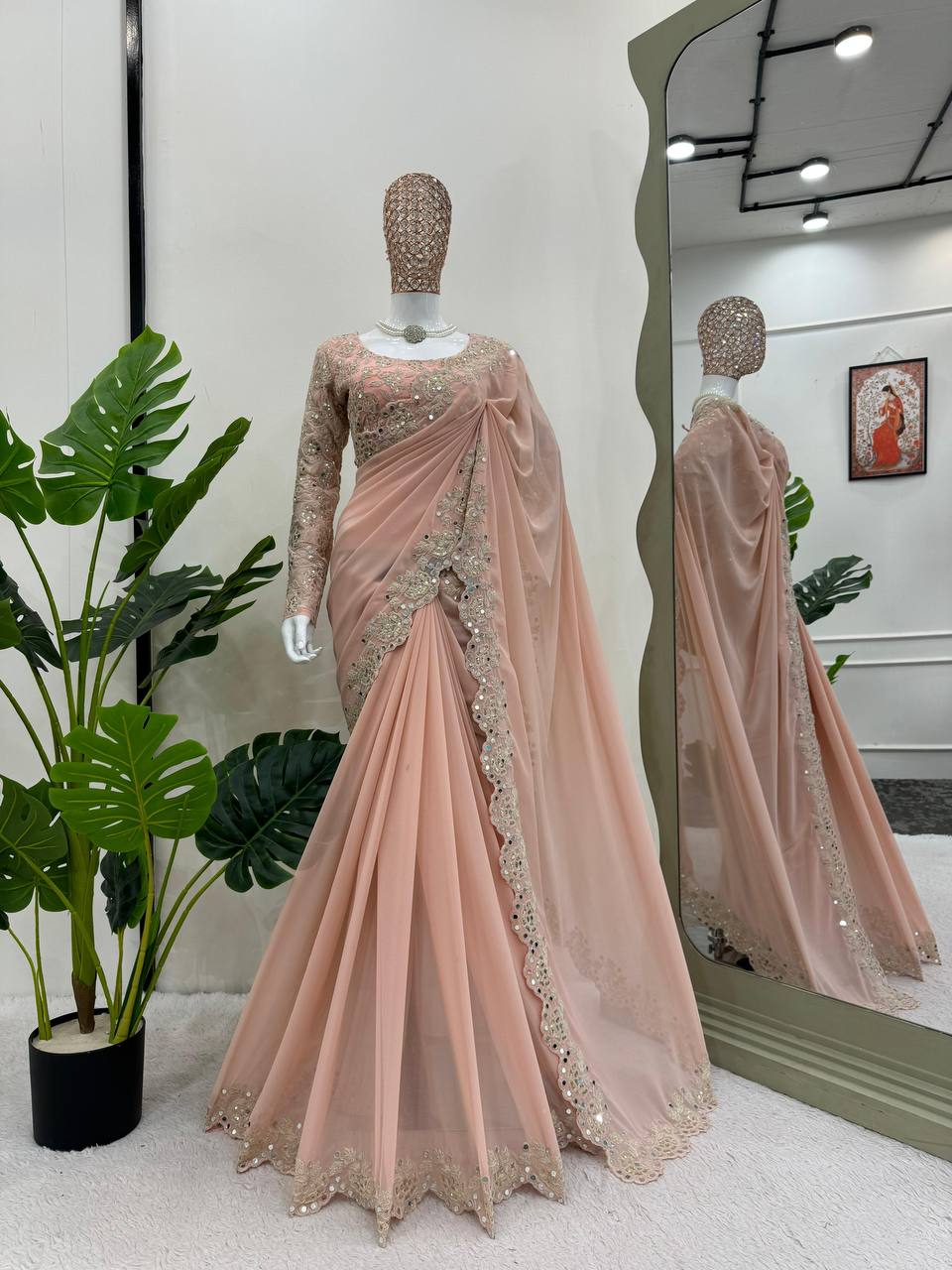 Baby Pink Color Faux Georgette With Real Mirror Work Saree