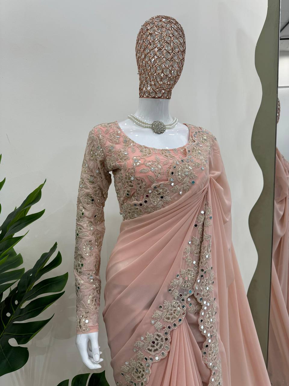 Baby Pink Color Faux Georgette With Real Mirror Work Saree