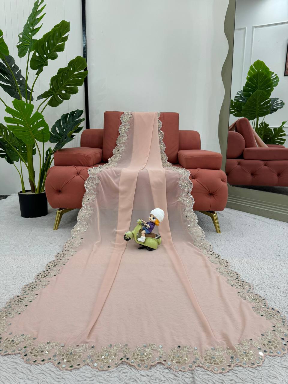 Baby Pink Color Faux Georgette With Real Mirror Work Saree