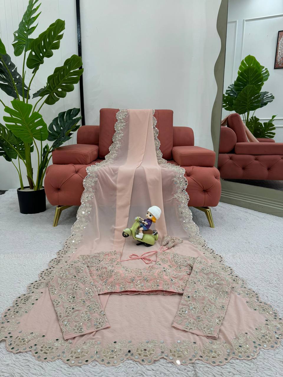 Baby Pink Color Faux Georgette With Real Mirror Work Saree