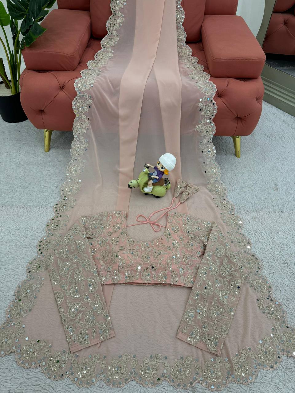 Baby Pink Color Faux Georgette With Real Mirror Work Saree