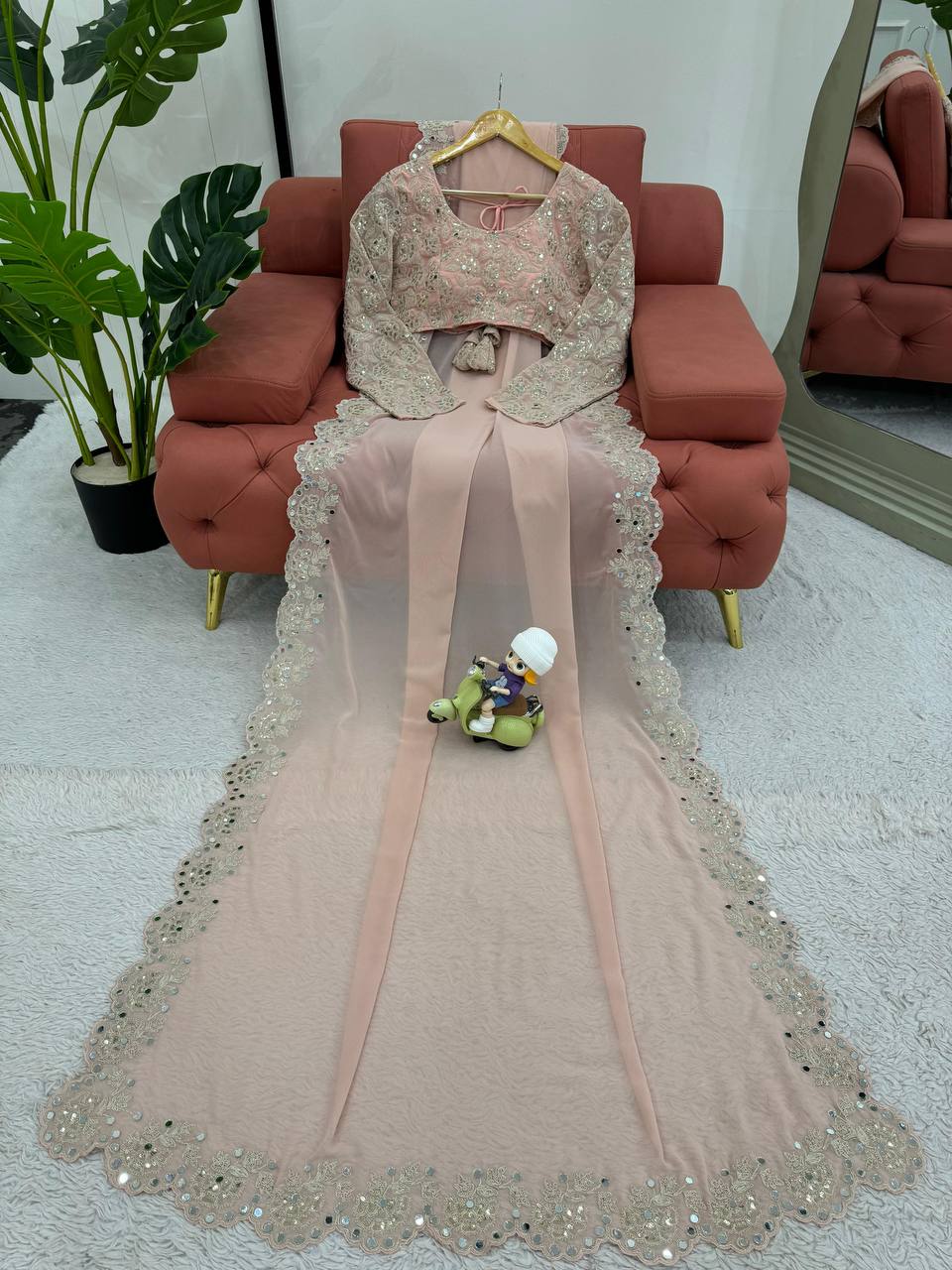 Baby Pink Color Faux Georgette With Real Mirror Work Saree