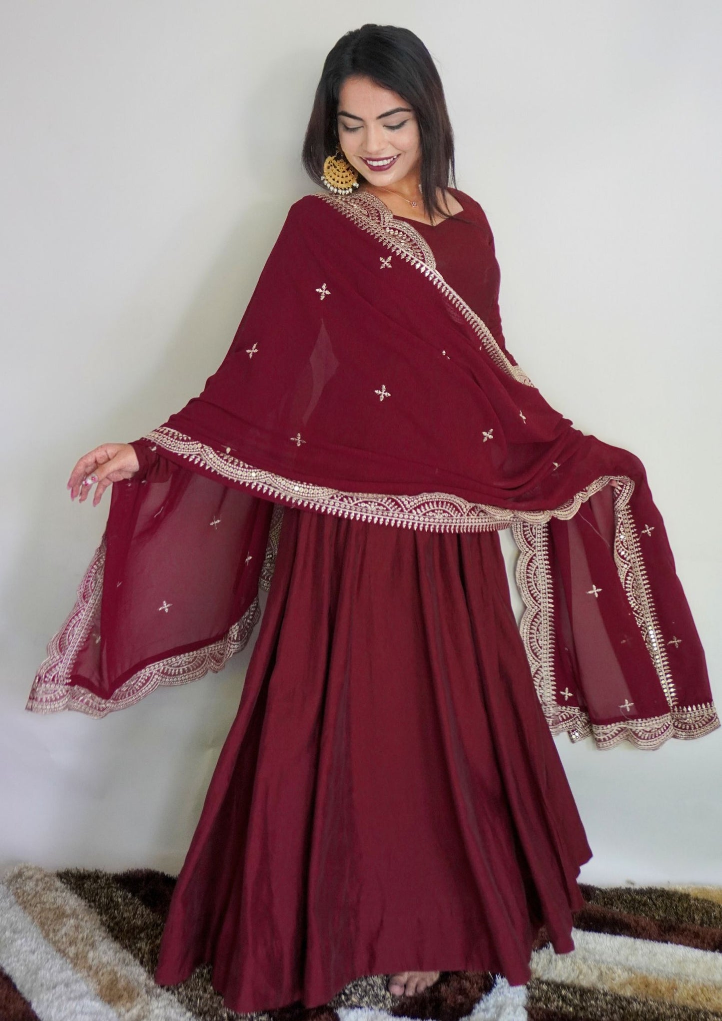 MAROON COLOR CHANDERI SILK ANARKALI 3PC KURTA SET