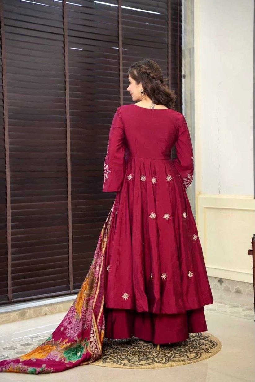 Maroon Color Luxurious Roman Silk  3pc Kurti Set