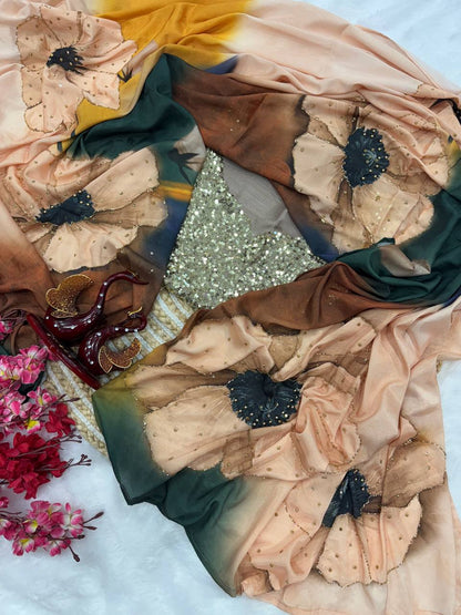 Off white & Green Satin Crepe Floral Print with Katdana Work Saree