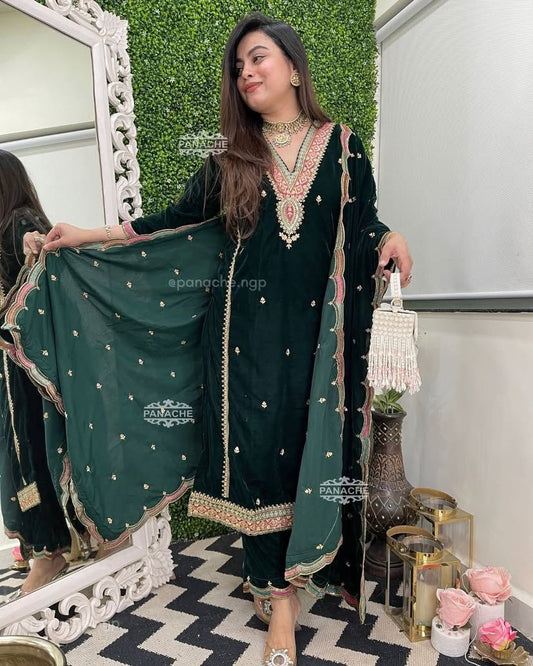 Green Velvet Embroidery And Lace Detailing 3pc Kurta Set