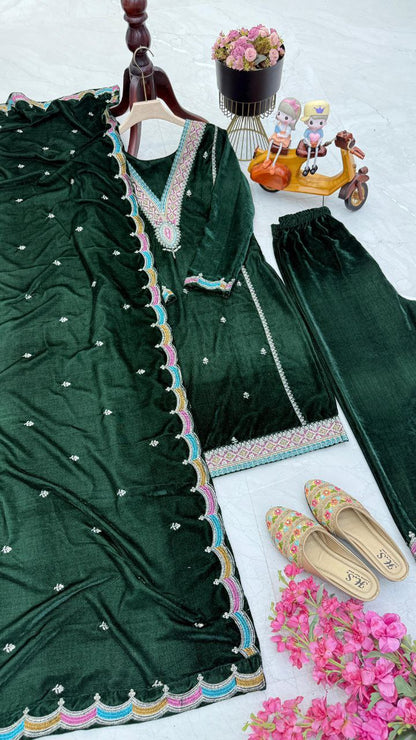 Green Velvet Embroidery And Lace Detailing 3pc Kurta Set