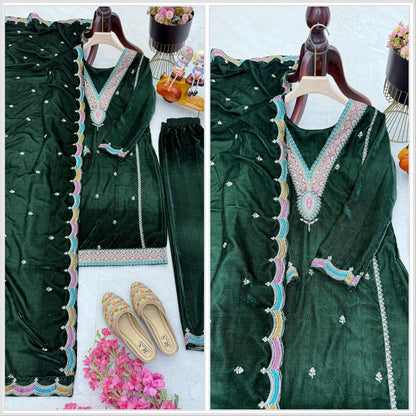 Green Velvet Embroidery And Lace Detailing 3pc Kurta Set