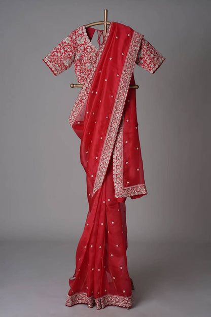 Red Tabby Silk  Cording Embroidery Work Saree