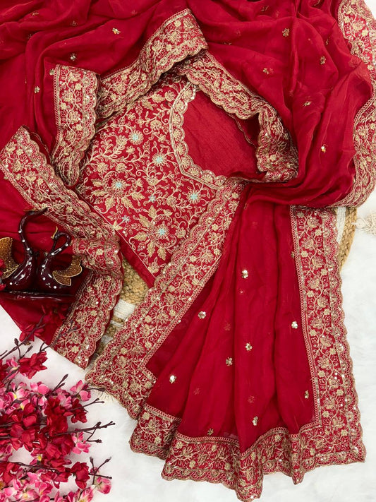 Red Tabby Silk  Cording Embroidery Work Saree