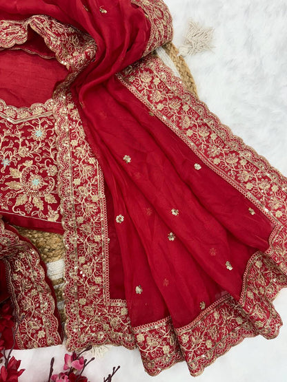 Red Tabby Silk  Cording Embroidery Work Saree