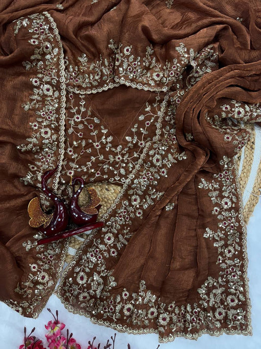 Brown Frendy Chiffon Sequins Embroidery Work Saree