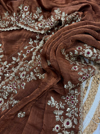 Brown Frendy Chiffon Sequins Embroidery Work Saree