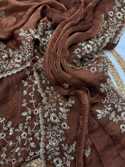 Brown Frendy Chiffon Sequins Embroidery Work Saree