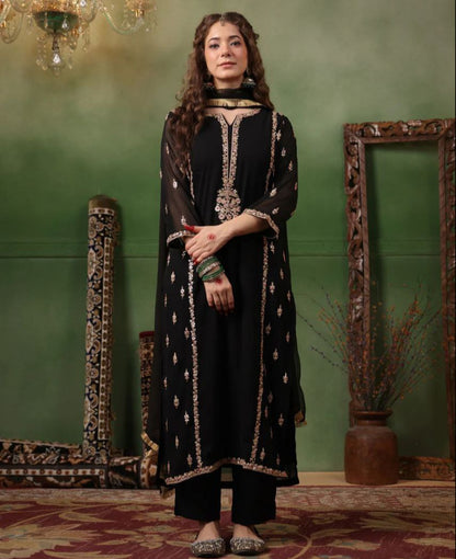 Black Color Georgette With Heavy Embroidery Work 3pc Kurti Set