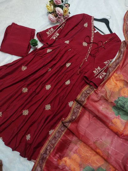 Maroon Color Luxurious Roman Silk  3pc Kurti Set