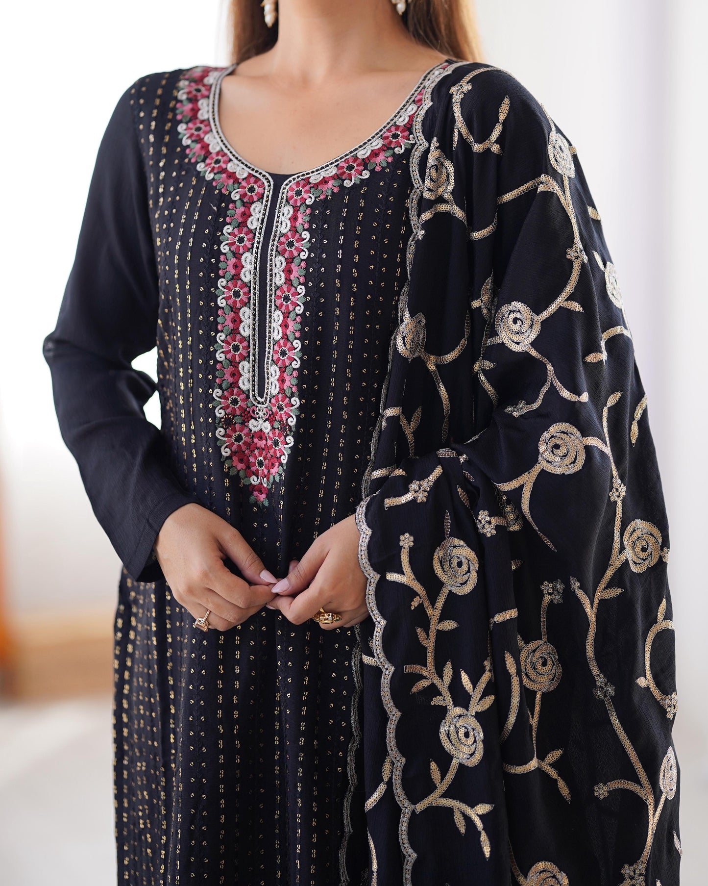 Elegant Chinon Silk Co-Ord Set with Sequence & Lace Detailing"