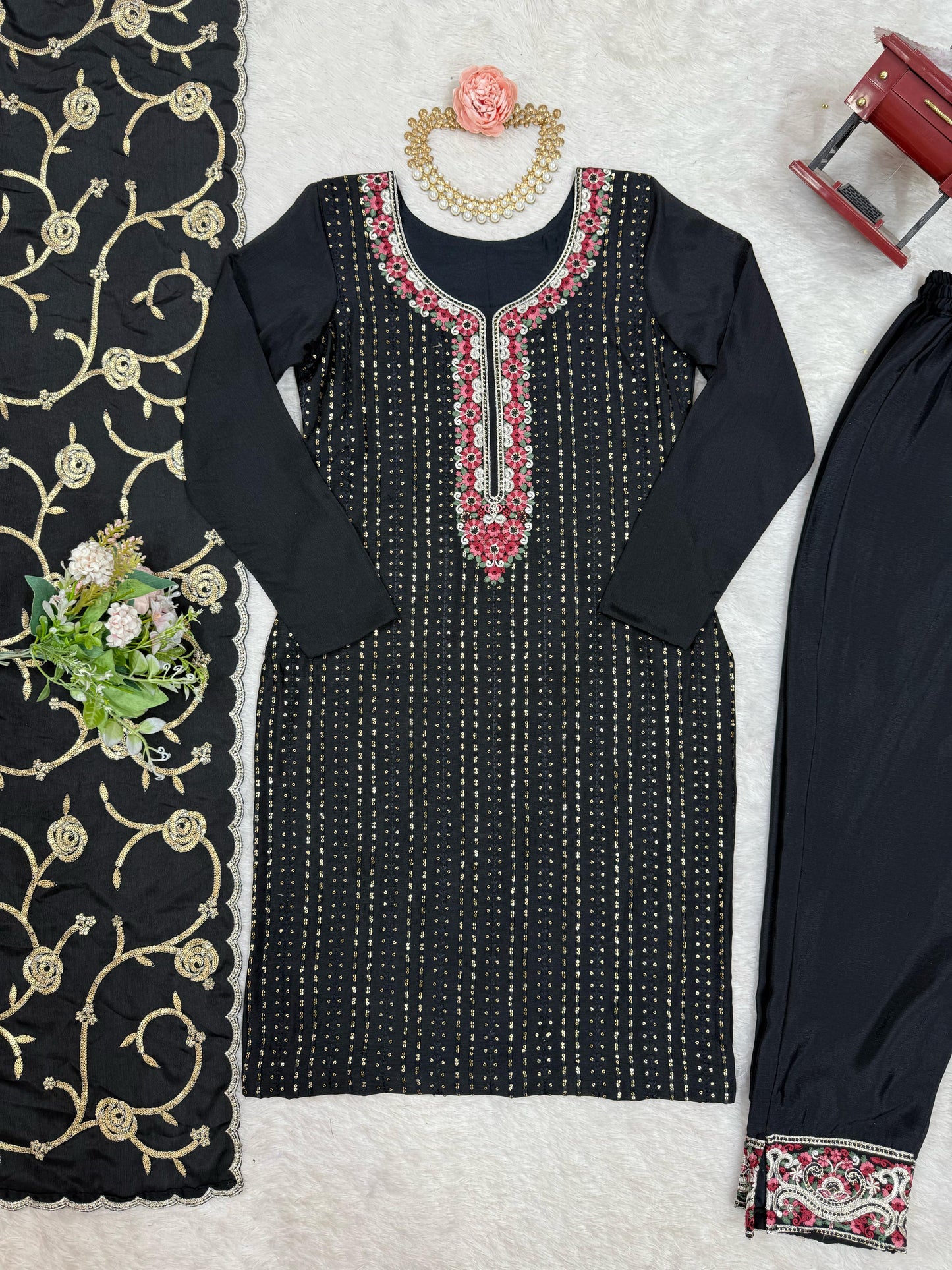 Elegant Chinon Silk Co-Ord Set with Sequence & Lace Detailing"