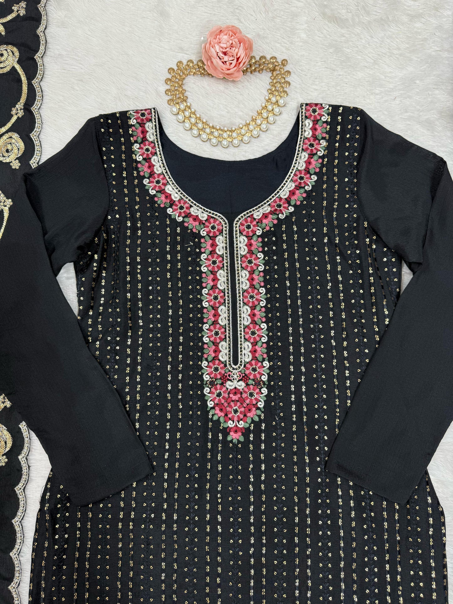Elegant Chinon Silk Co-Ord Set with Sequence & Lace Detailing"