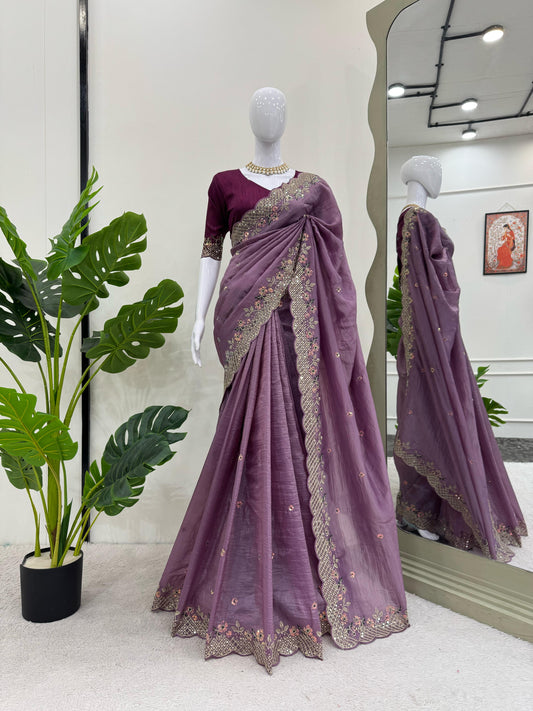 Designer Crunchy Silk Saree with Thread & Sequins Work