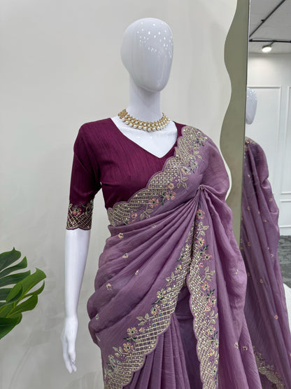 Designer Crunchy Silk Saree with Thread & Sequins Work