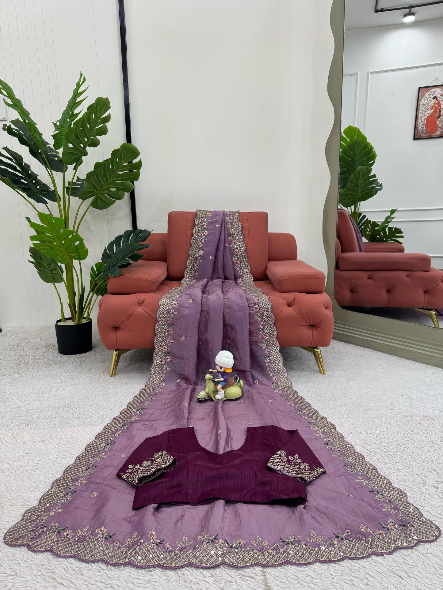 Designer Crunchy Silk Saree with Thread & Sequins Work