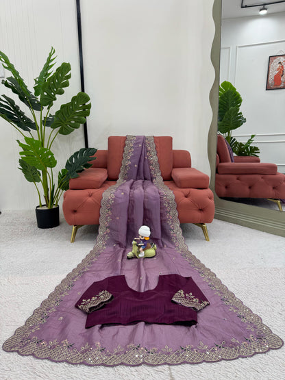 Designer Crunchy Silk Saree with Thread & Sequins Work