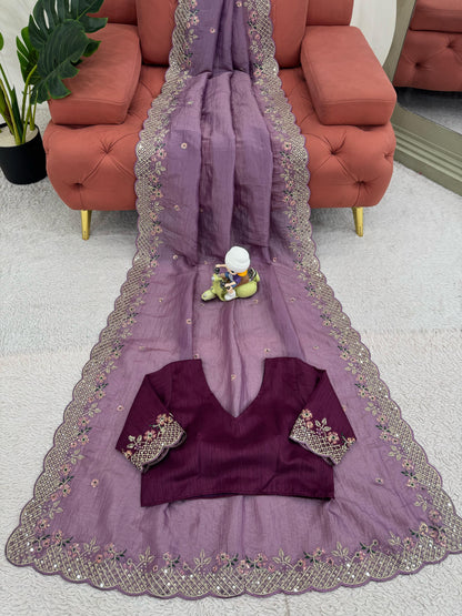 Designer Crunchy Silk Saree with Thread & Sequins Work