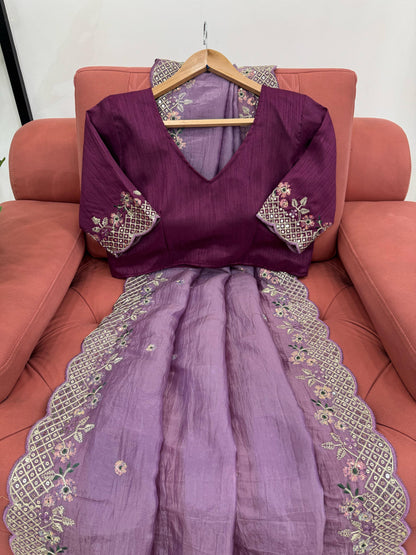 Designer Crunchy Silk Saree with Thread & Sequins Work