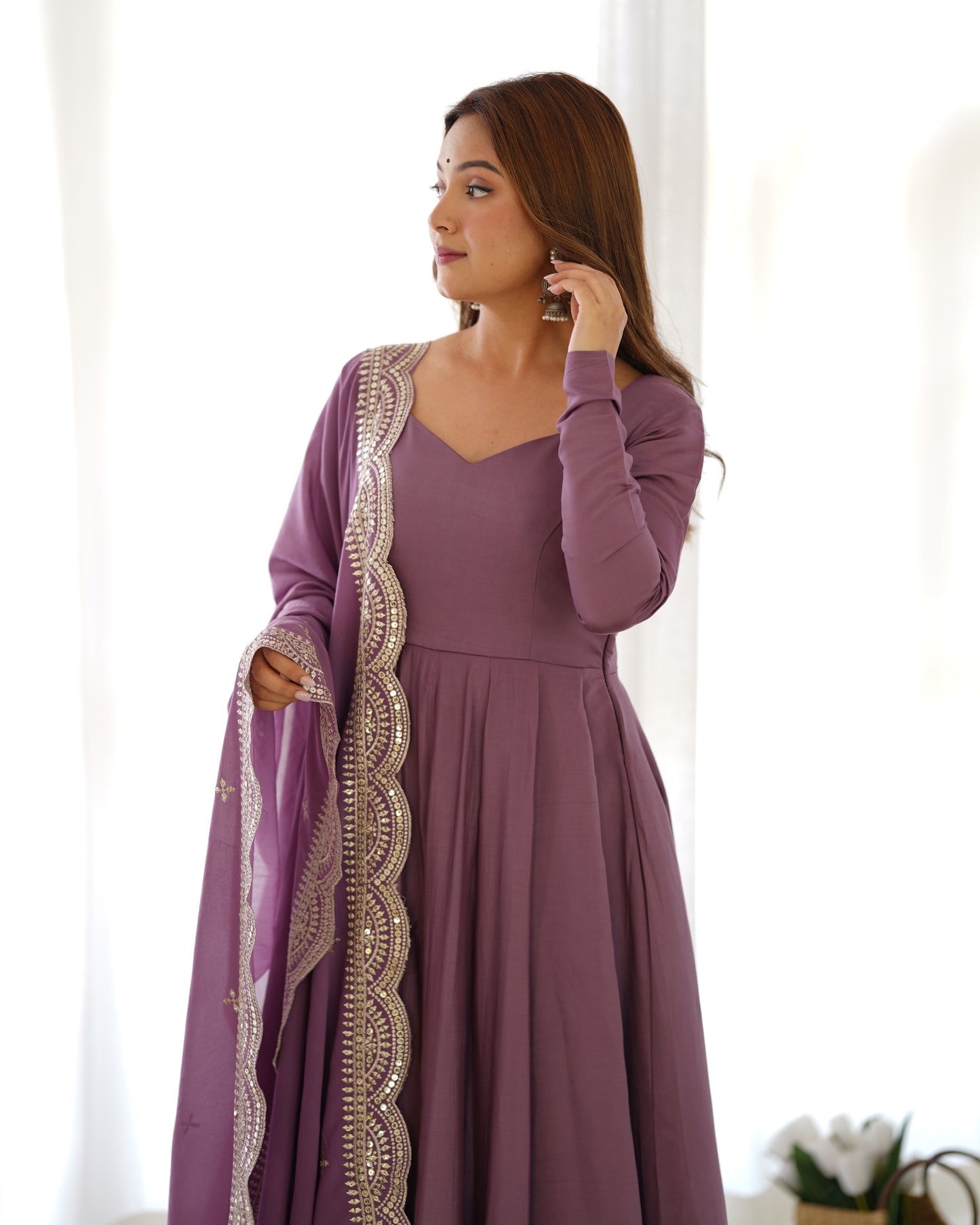 LAVENDER COLOR ROMAN PURE CHANDERI  SILK  ANARKALI 3PC KURTA SET