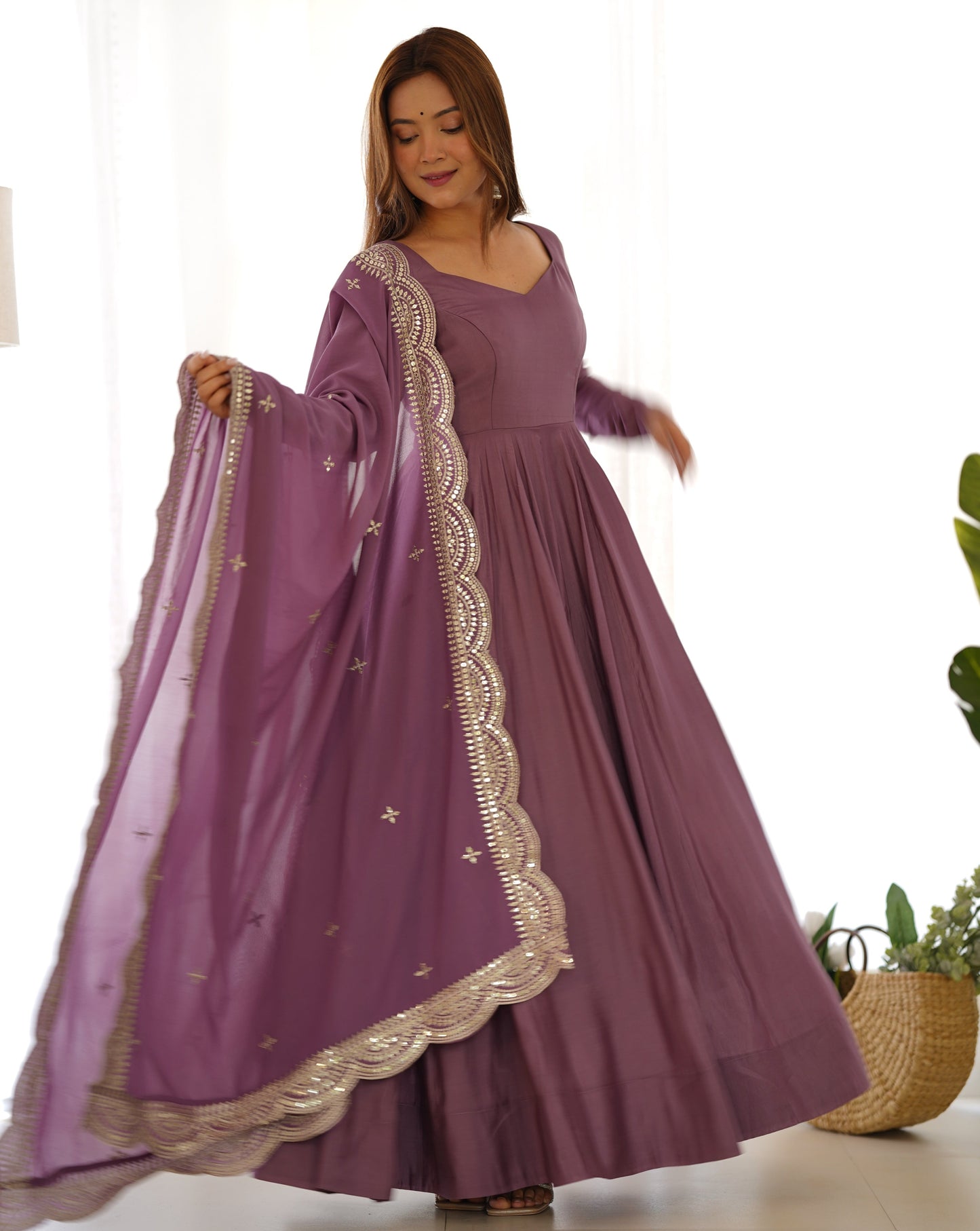 LAVENDER COLOR ROMAN PURE CHANDERI  SILK  ANARKALI 3PC KURTA SET