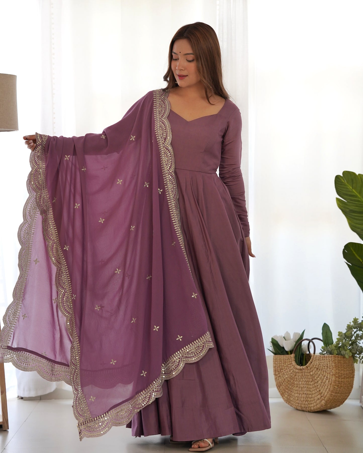 LAVENDER COLOR ROMAN PURE CHANDERI  SILK  ANARKALI 3PC KURTA SET