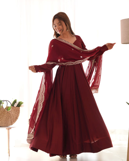 MAROON COLOR CHANDERI SILK ANARKALI 3PC KURTA SET