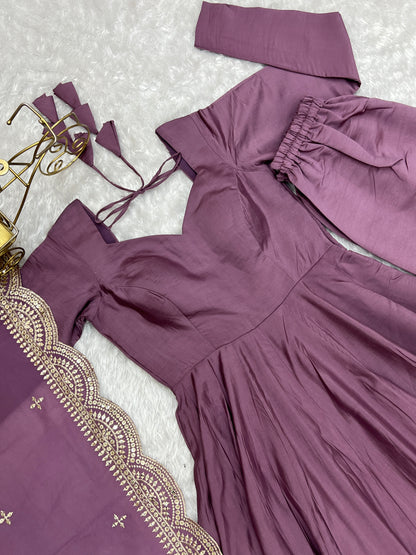 LAVENDER COLOR ROMAN PURE CHANDERI  SILK  ANARKALI 3PC KURTA SET