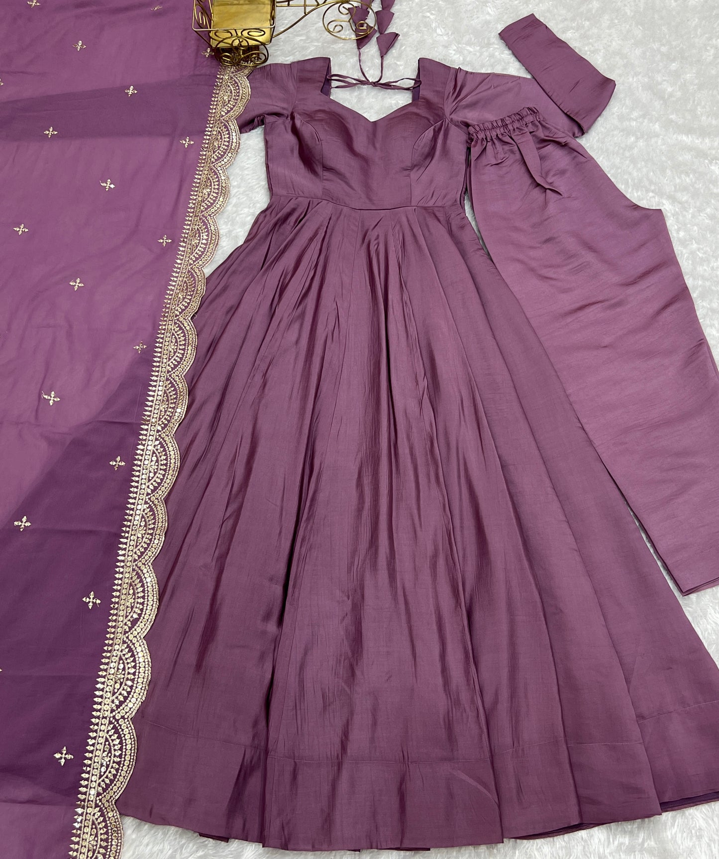 LAVENDER COLOR ROMAN PURE CHANDERI  SILK  ANARKALI 3PC KURTA SET