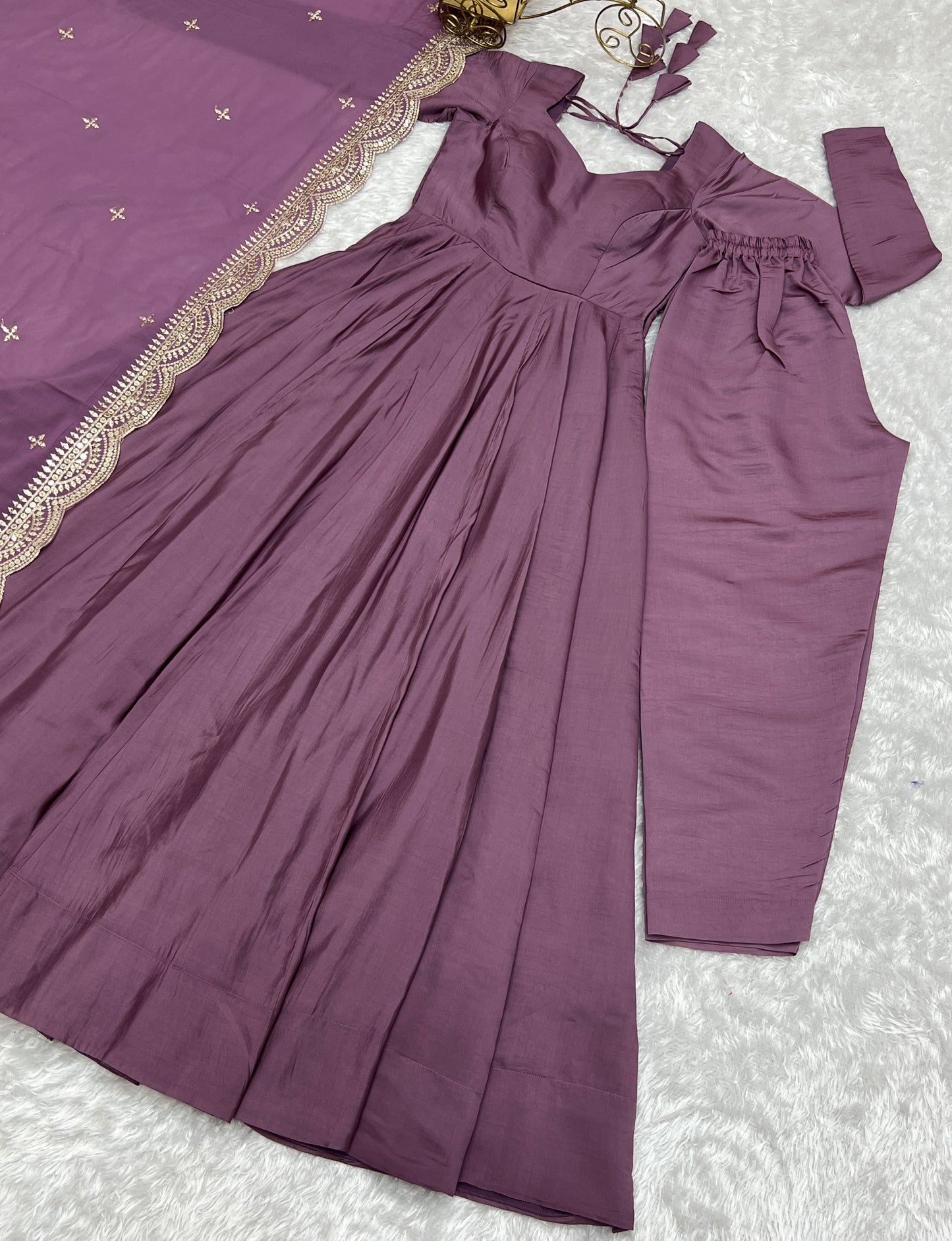 LAVENDER COLOR ROMAN PURE CHANDERI  SILK  ANARKALI 3PC KURTA SET