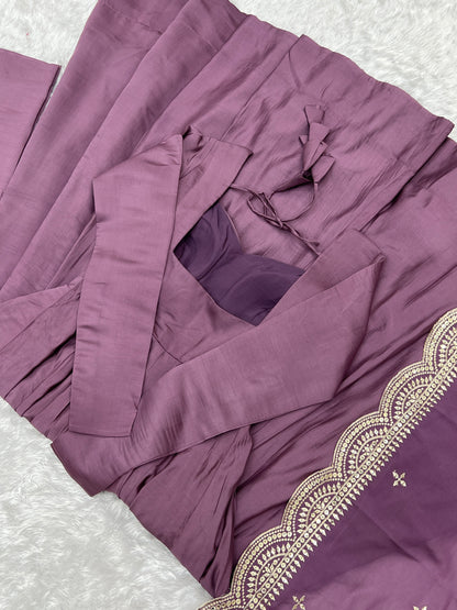 LAVENDER COLOR ROMAN PURE CHANDERI  SILK  ANARKALI 3PC KURTA SET