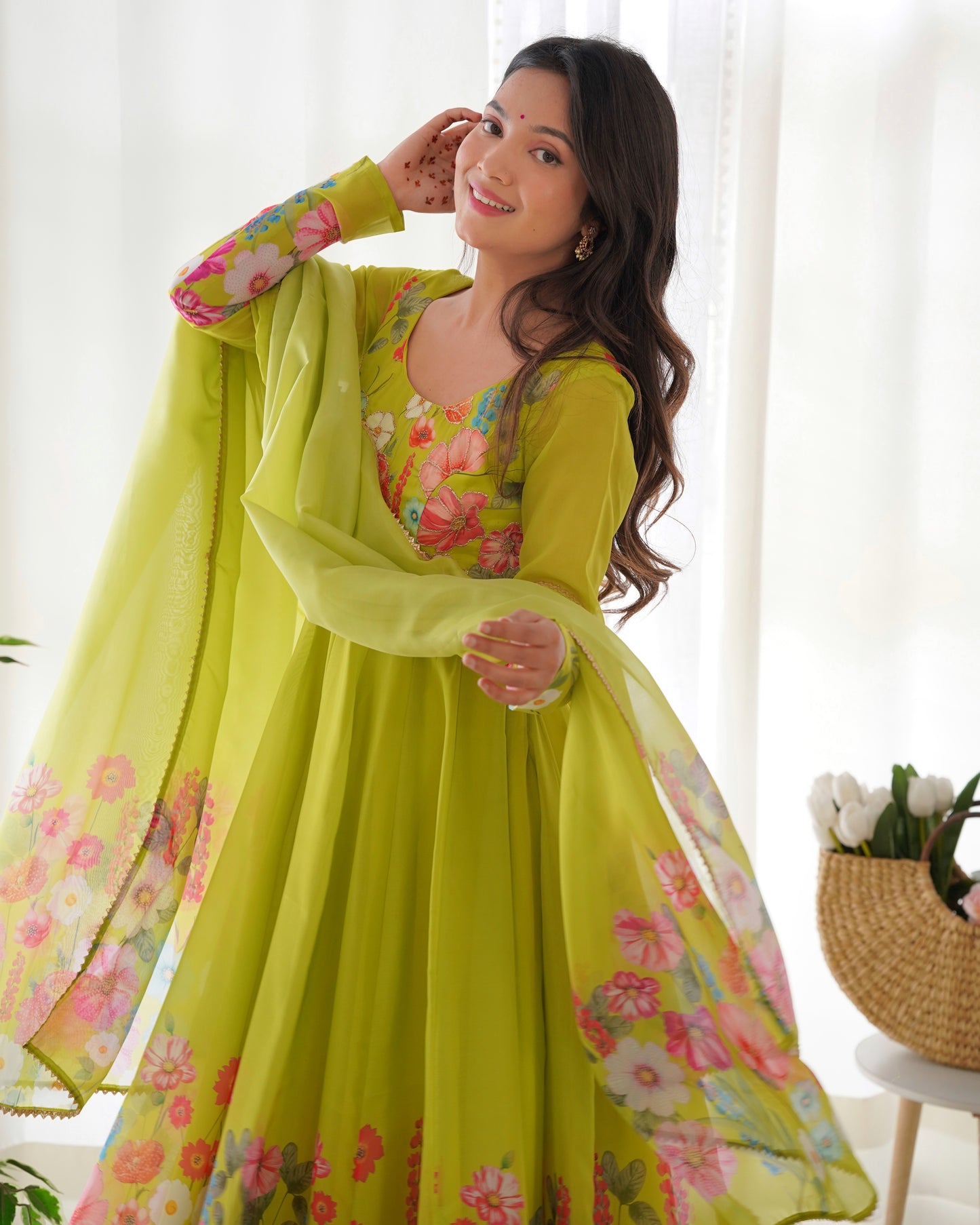 NEON COLOR FLORAL PRINT ORGANGA ANARKALI 3PC KURTA SET