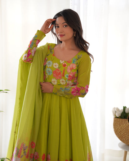 NEON COLOR FLORAL PRINT ORGANGA ANARKALI 3PC KURTA SET