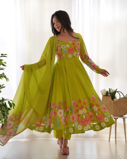 NEON COLOR FLORAL PRINT ORGANGA ANARKALI 3PC KURTA SET