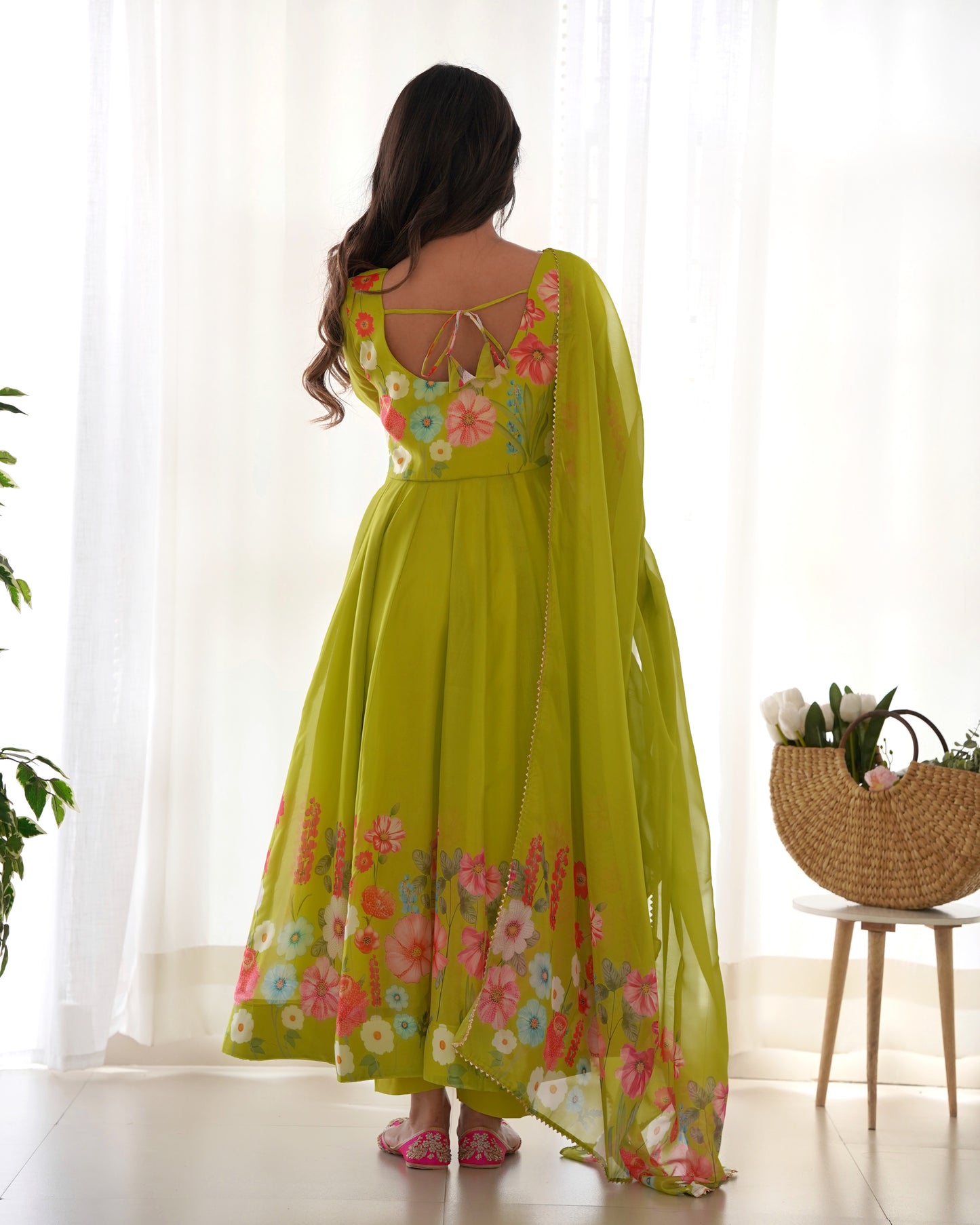 NEON COLOR FLORAL PRINT ORGANGA ANARKALI 3PC KURTA SET