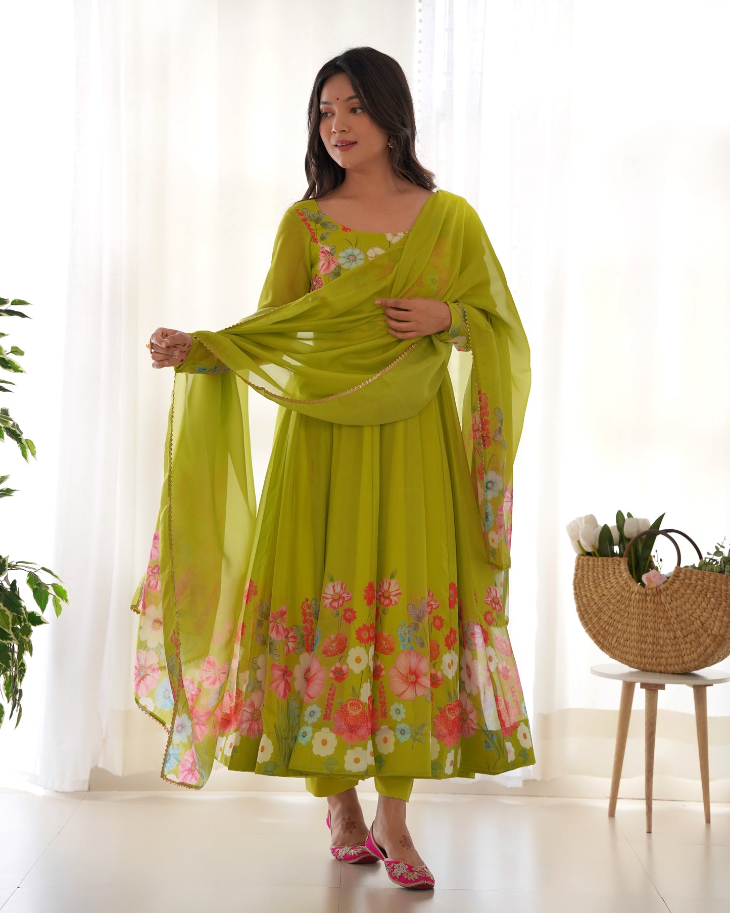 NEON COLOR FLORAL PRINT ORGANGA ANARKALI 3PC KURTA SET