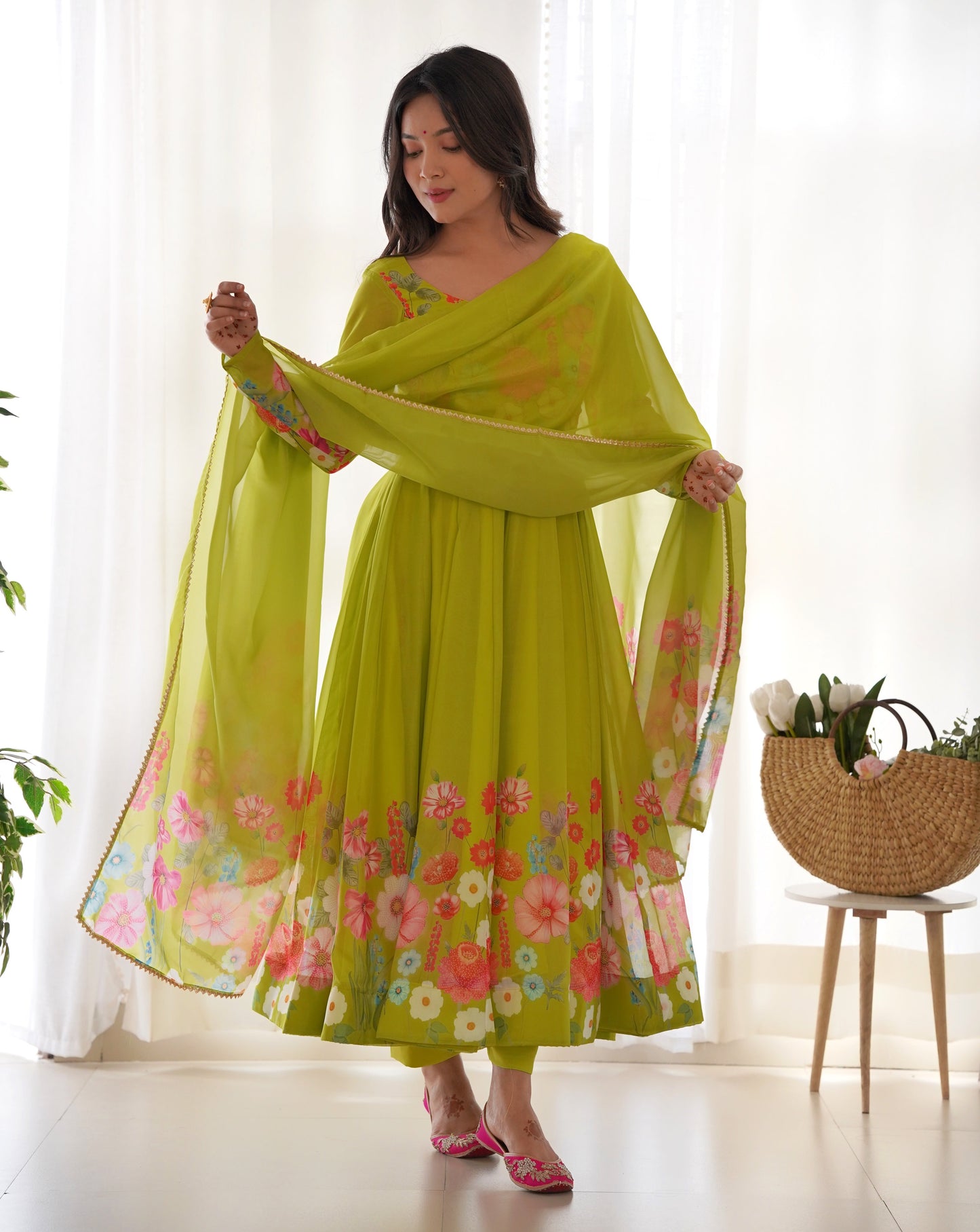 NEON COLOR FLORAL PRINT ORGANGA ANARKALI 3PC KURTA SET