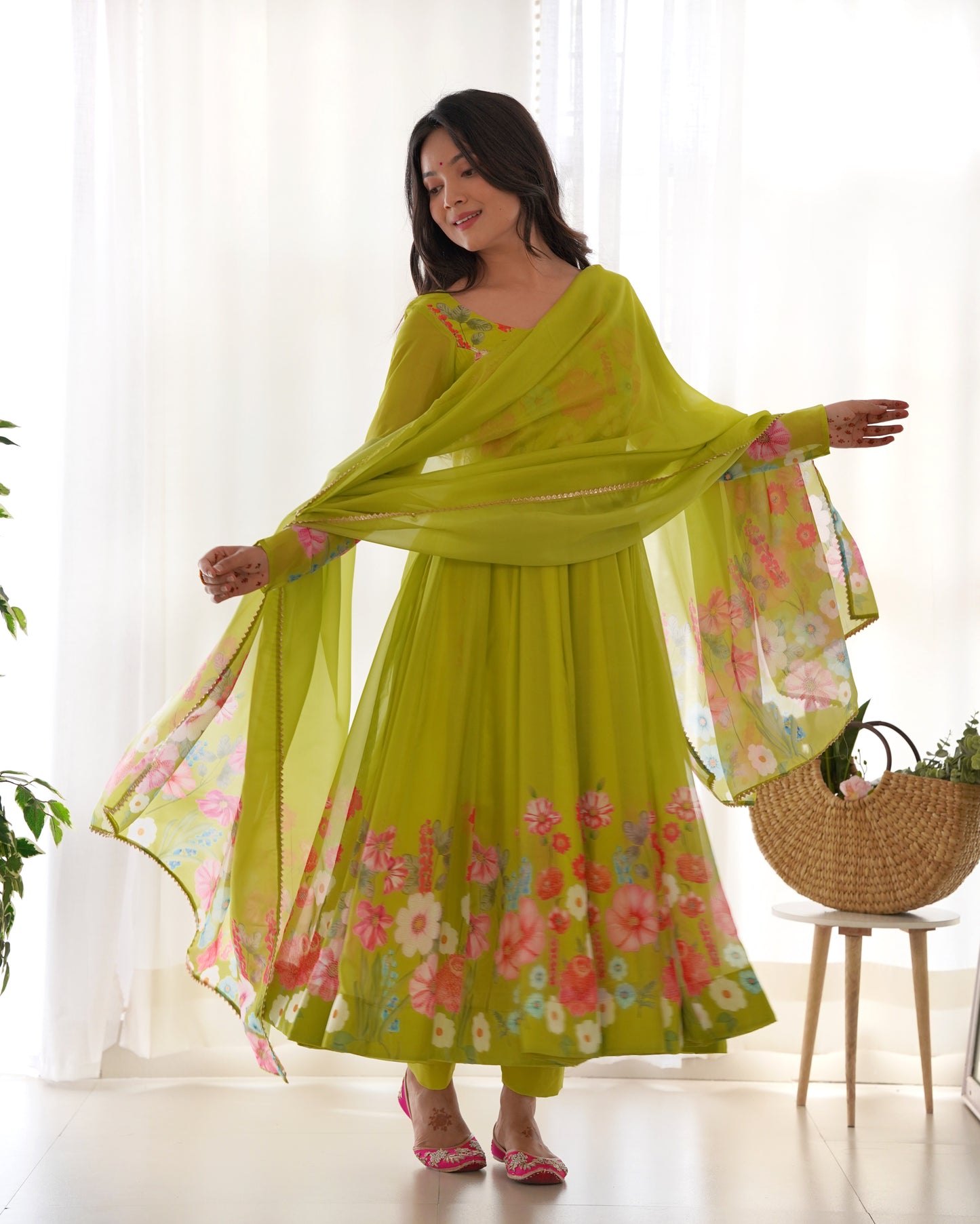 NEON COLOR FLORAL PRINT ORGANGA ANARKALI 3PC KURTA SET