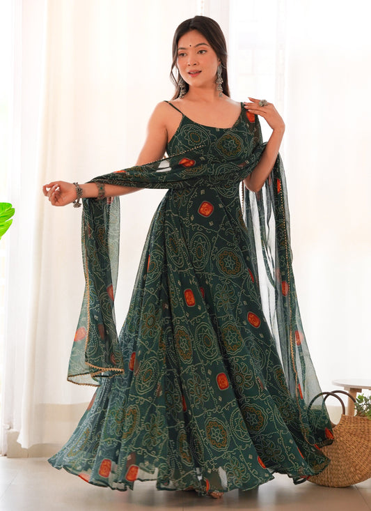 SOFT LIGHT WEIGHT CHIFFON GREEN BANDHANI PRINT ANARKALI 3PC KURTA SET